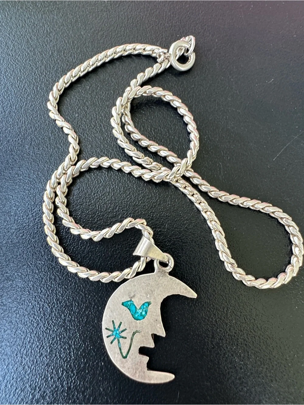 VINTAGE AAB 925 STERLING TURQUOISE MAN IN THE MOON PENDANT 8 inch NECKLACE